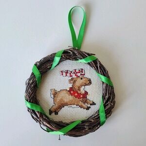 Handmade Reindeer Cross Stitch Ornament Brown Green Wreath Small Festive Cottage